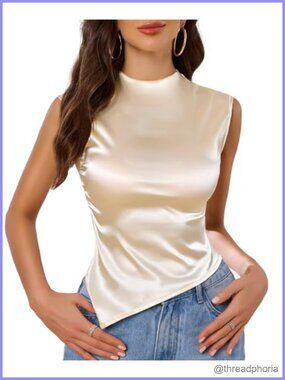 Mock Neck Sleeveless Satin Crop Tank Top Ruched Slim Fit Asymmetrical